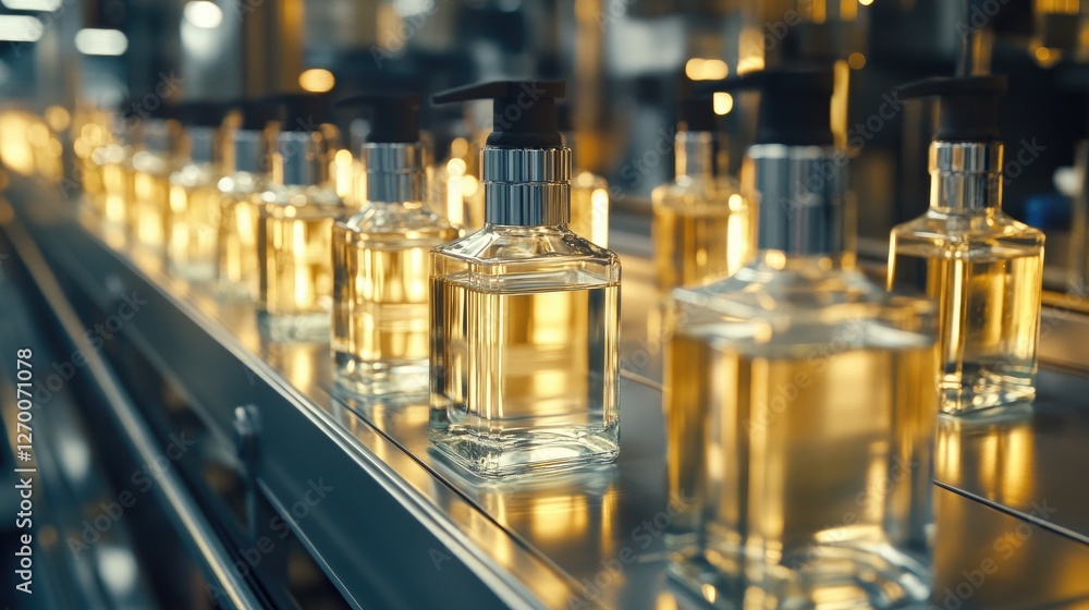 Poster a series of clear bottles on a factory production line, each perfectly aligned, showcasing precision