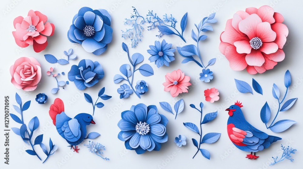 Poster a set of fussy cut templates for flowers and chicken designs, ideal for crafting projects, displayed