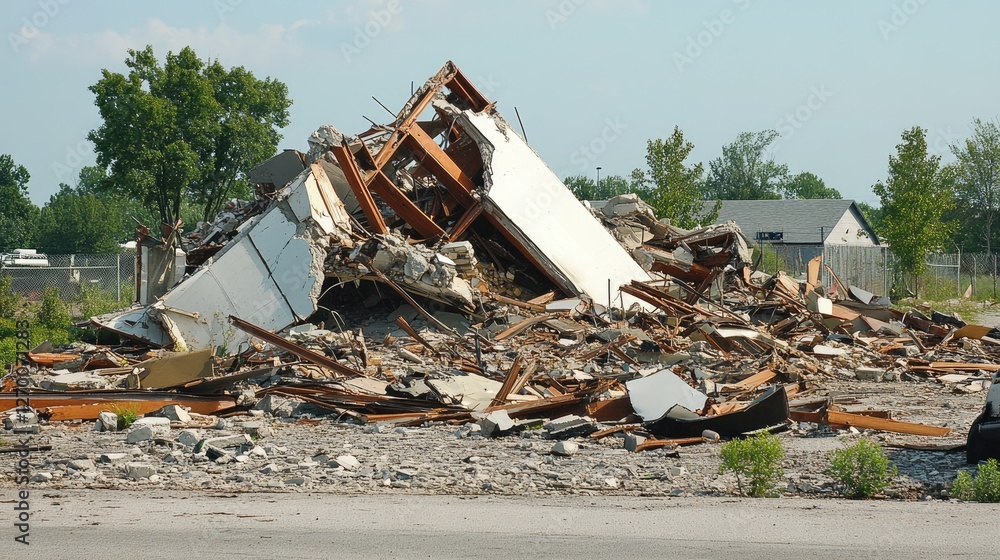 Poster A side view of a destroyed building debris, with broken structure elements lying in disarray, emphasizing the destruction of the site.