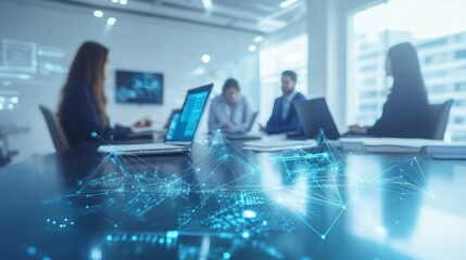 Futuristic Business Meeting with Tech Overlay for Global Connectivity