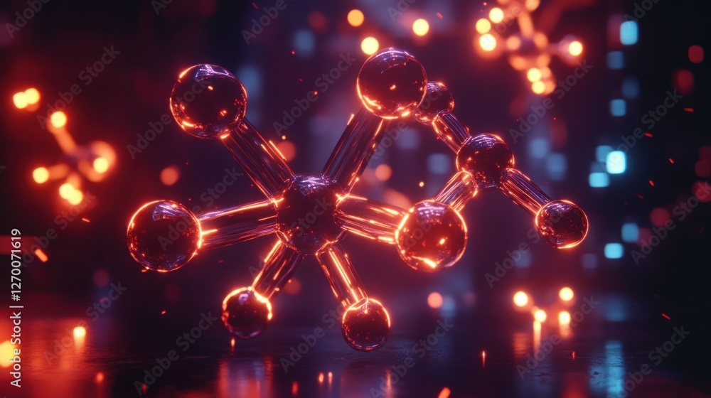 Poster molecular structure with glowing spheres and connection rods on dark background