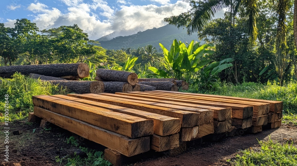 Poster a stack of square lumber beams drying in the sun, with logs and lush greenery in the background, hig