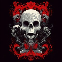Decorative Skull Graphic Design, Black Background, Red Ornamental Borders