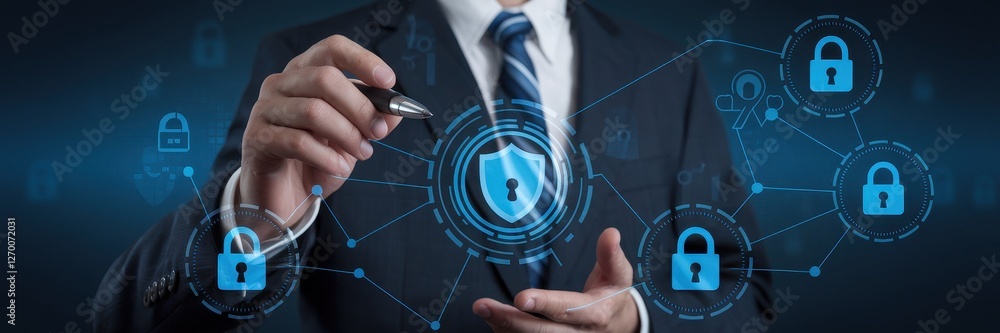 Poster man in suit uses pen to secure digital network