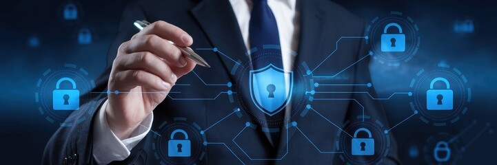 Man in suit drawing digital security shield with pen