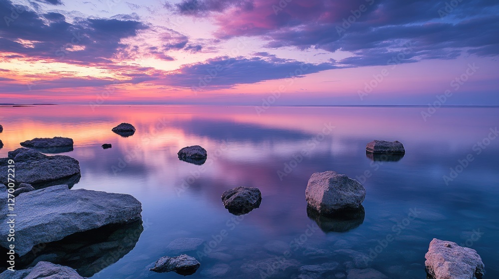 Poster a stunning twilight scene where the sky colors are mirrored on the calm water, with rocks scattered 