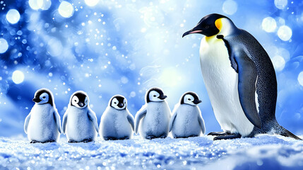Fototapeta premium Emperor penguin family on Antarctic snow, bokeh background, wildlife conservation
