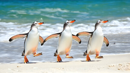 Fototapeta premium Three penguins waddle on beach, ocean waves background; wildlife travel brochure