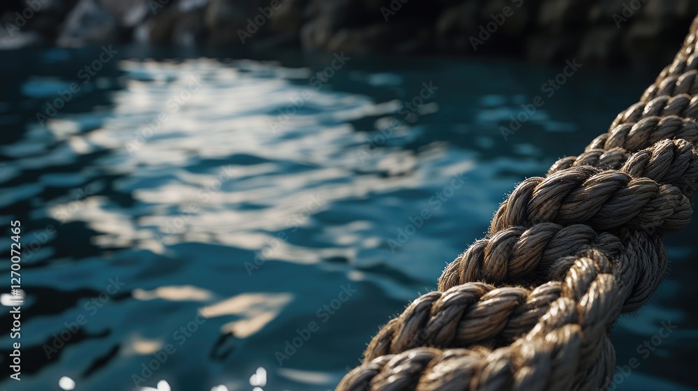 Poster a thick rope detailed in the foreground, with the serene water in the background, creating a contras