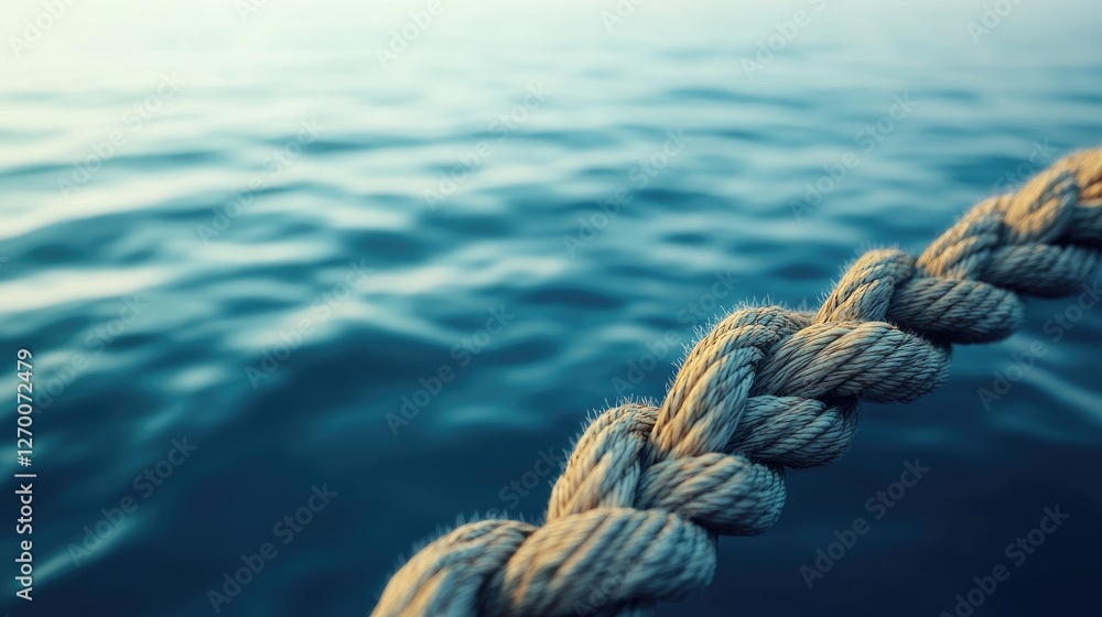 Poster a thick rope detailed in the foreground, with the serene water in the background, creating a contras