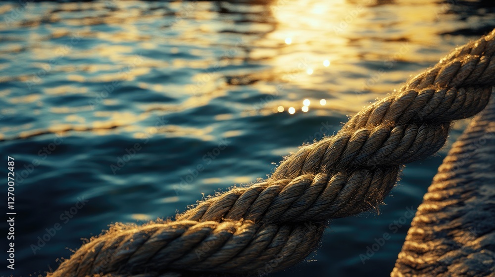 Poster a thick rope detailed in the foreground, with the serene water in the background, creating a contras