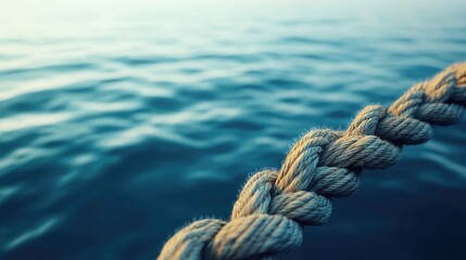 Fototapeta premium A thick rope detailed in the foreground, with the serene water in the background, creating a contrast between the rugged rope and the calm waters.