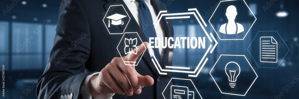 Poster man in suit interacting with education concept interface display