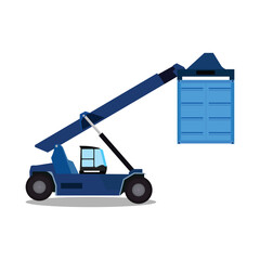 Vector illustration of container handler in cartoon flat style. Cargo container forklift truck in action. Set of profile side view commercial forklift for logistic company in port or warehouse