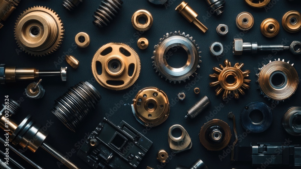 Poster a variety of metallic industrial parts arranged on a dark background, highlighting the different sha