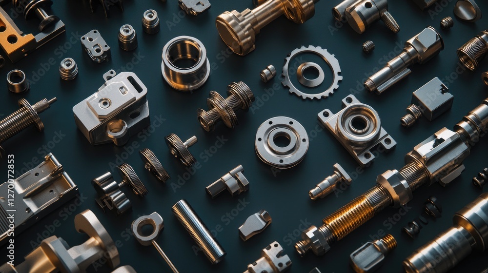 Poster a variety of metallic industrial parts arranged on a dark background, highlighting the different sha
