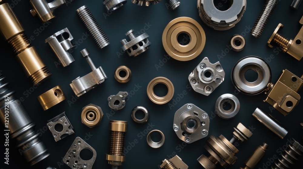 Poster a variety of metallic industrial parts arranged on a dark background, highlighting the different sha