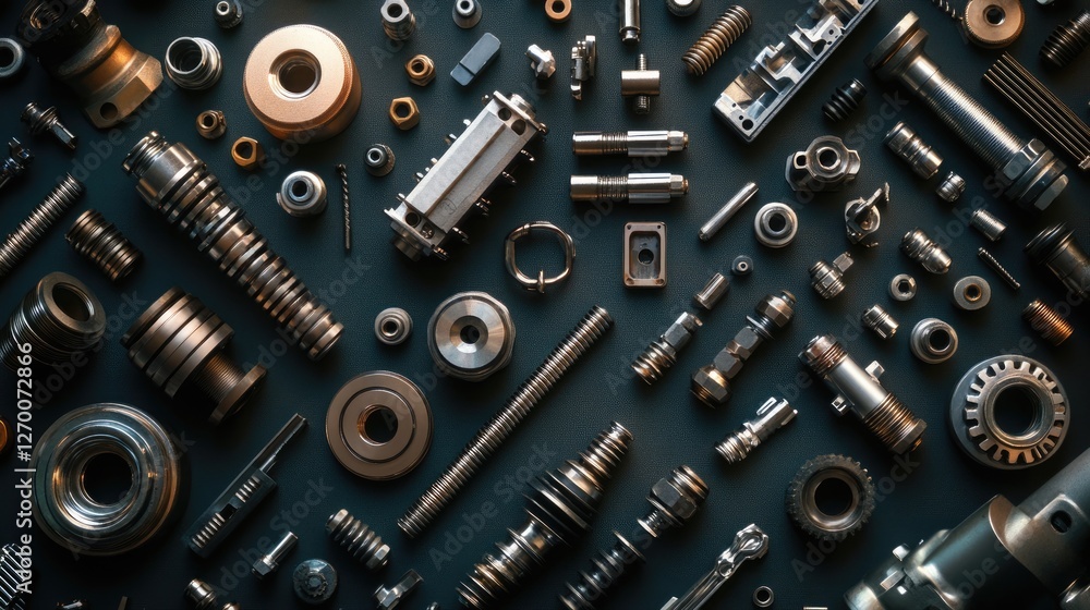 Poster a variety of metallic industrial parts arranged on a dark background, highlighting the different sha