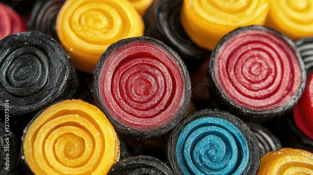 Poster a vibrant display of licorice wheels in various colors, stacked and ready to be enjoyed, capturing t