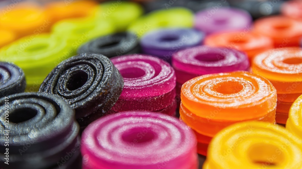 Poster a vibrant display of licorice wheels in various colors, stacked and ready to be enjoyed, capturing t