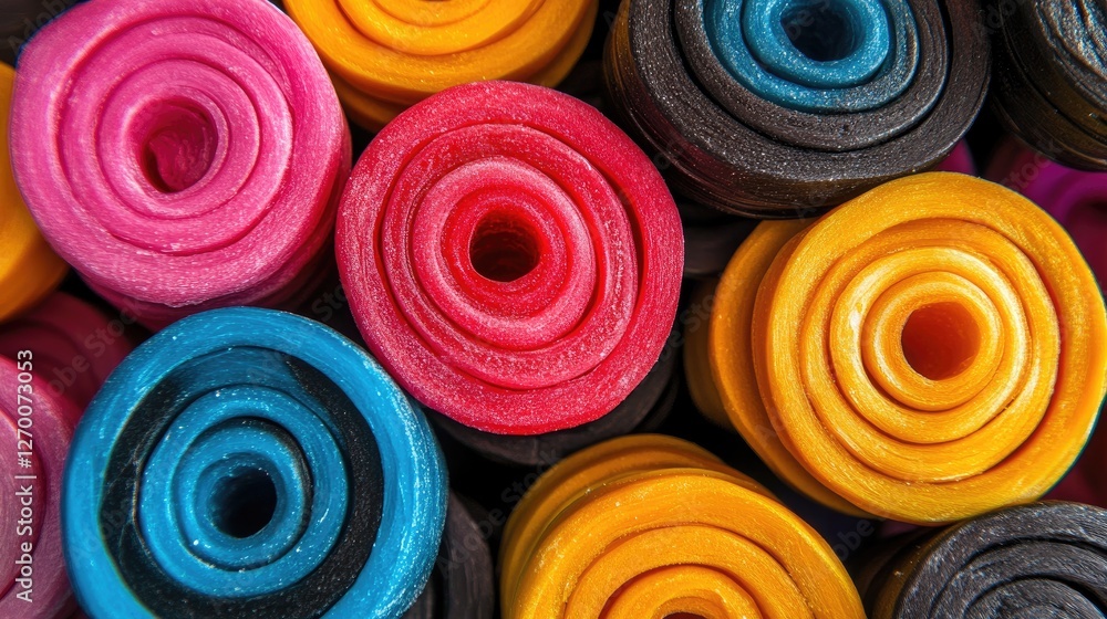 Poster a vibrant display of licorice wheels in various colors, stacked and ready to be enjoyed, capturing t