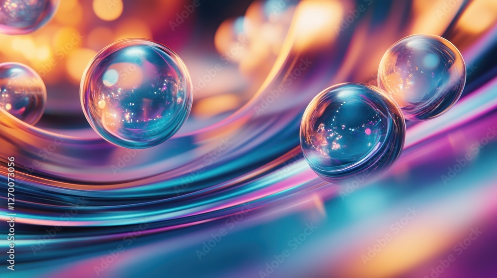 Poster abstract spheres floating on colorful waves: a mesmerizing background