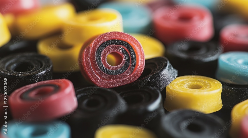 Poster A vibrant display of licorice wheels in various colors, stacked and ready to be enjoyed, capturing the fun and sweet essence of this classic candy.
