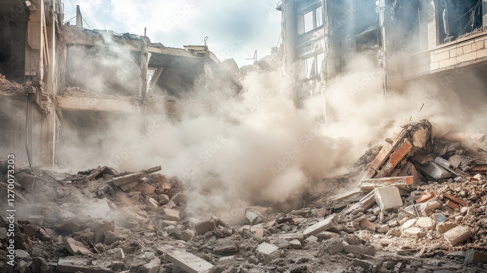 Poster a view of structural ruins and debris from a collapsed building, with scattered materials and dust, 