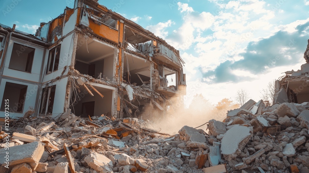 Aufkleber a view of structural ruins and debris from a collapsed building, with scattered materials and dust, 