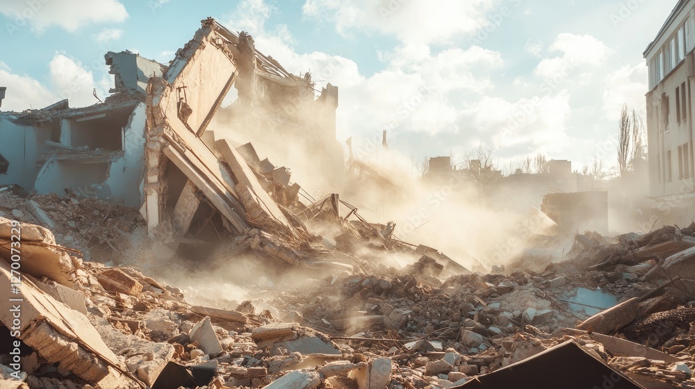 Poster a view of structural ruins and debris from a collapsed building, with scattered materials and dust, 