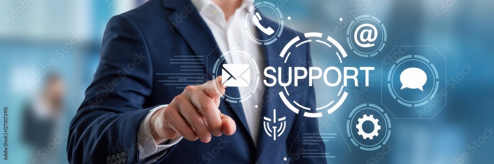 Poster businessman interacts with a virtual support interface on a screen