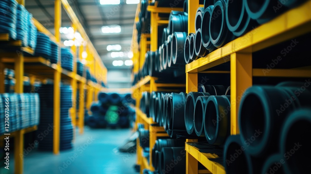 Poster a wide shot of polyethylene pe pipes stacked neatly in an industrial plant, with clean lines and a c