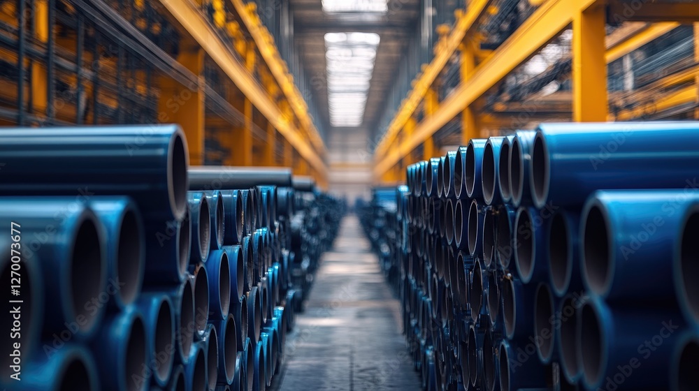 Poster a wide shot of polyethylene pe pipes stacked neatly in an industrial plant, with clean lines and a c