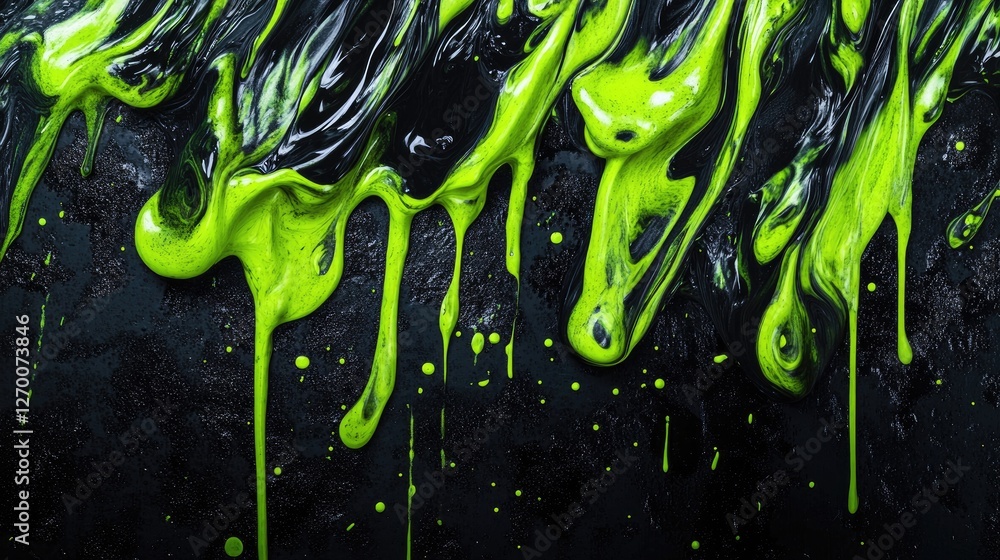 Poster abstract neon green and black goo texture dripping, creating otherworldly slime and toxic fluid form