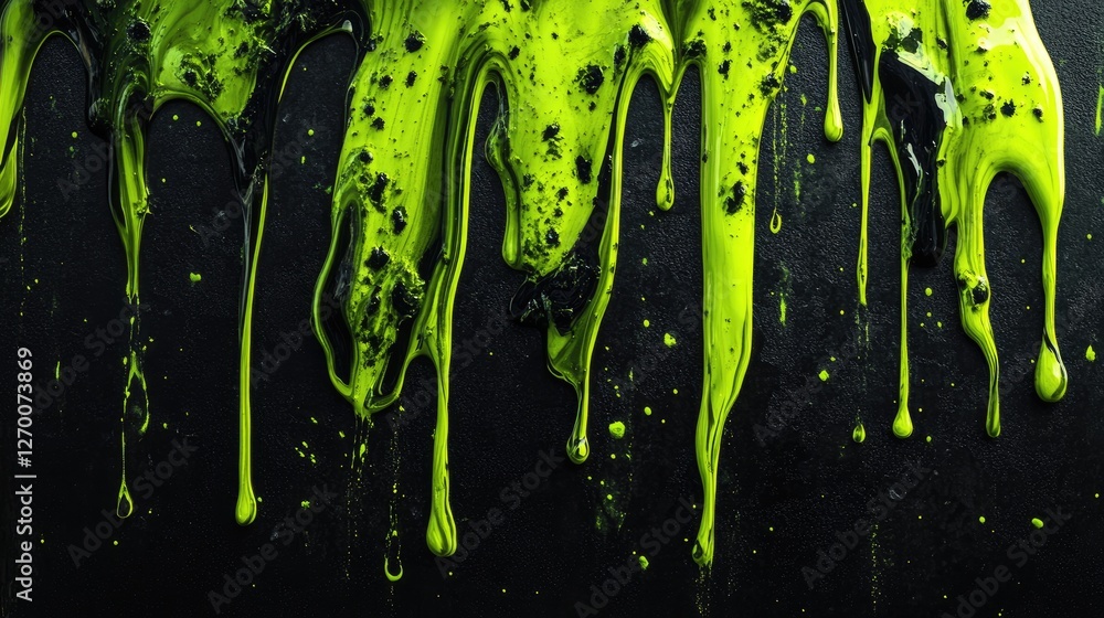 Poster abstract neon green and black goo texture dripping, creating otherworldly slime and toxic fluid form