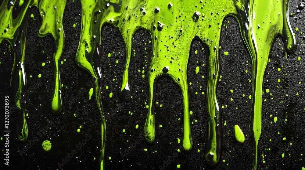 Poster abstract neon green and black goo texture dripping, creating otherworldly slime and toxic fluid form
