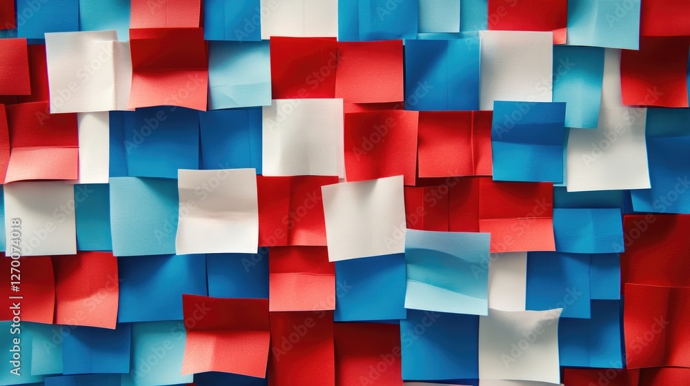 Poster An abstract visual created with square sticky notes in red, white, and blue, forming a bold and patriotic pattern that captures attention.