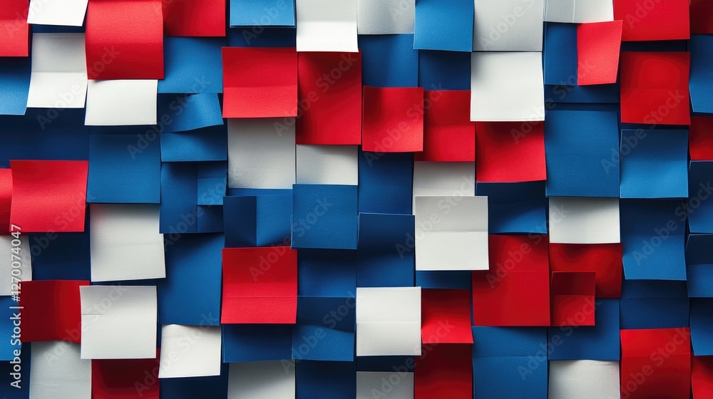 Poster An abstract visual created with square sticky notes in red, white, and blue, forming a bold and patriotic pattern that captures attention.