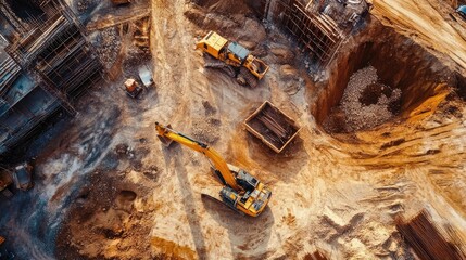 An aerial view of cranes, bulldozers, and loaders actively working at a large construction site, capturing the scale and intensity of earthworks.