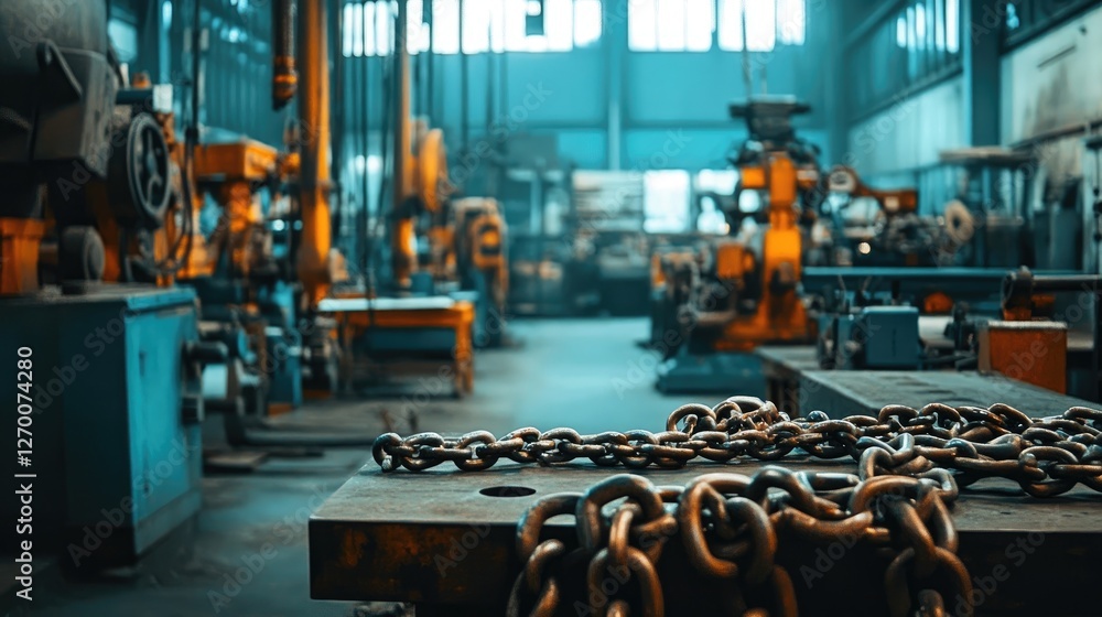 Poster an industrial workshop filled with machinery and tools, with chain links in the foreground, showcasi