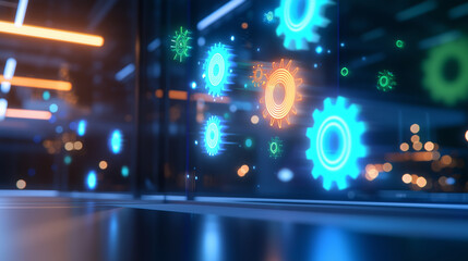 Obraz premium Innovative Workspace with Holographic Gears for Modern Business Management