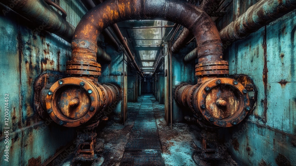 Poster an unsettling abandoned tunnel filled with rusted pipes and dim lighting, creating an eerie and indu