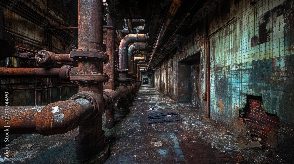 Poster an unsettling abandoned tunnel filled with rusted pipes and dim lighting, creating an eerie and indu