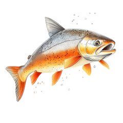 digital illustration of a fresh salmon with a subtle leap effect, smooth, clean scales with natural gradients of orange and silver, transparent background, PNG