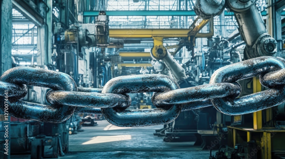 Poster chain links displayed prominently in an industrial workshop, with machinery and robots busy in the b
