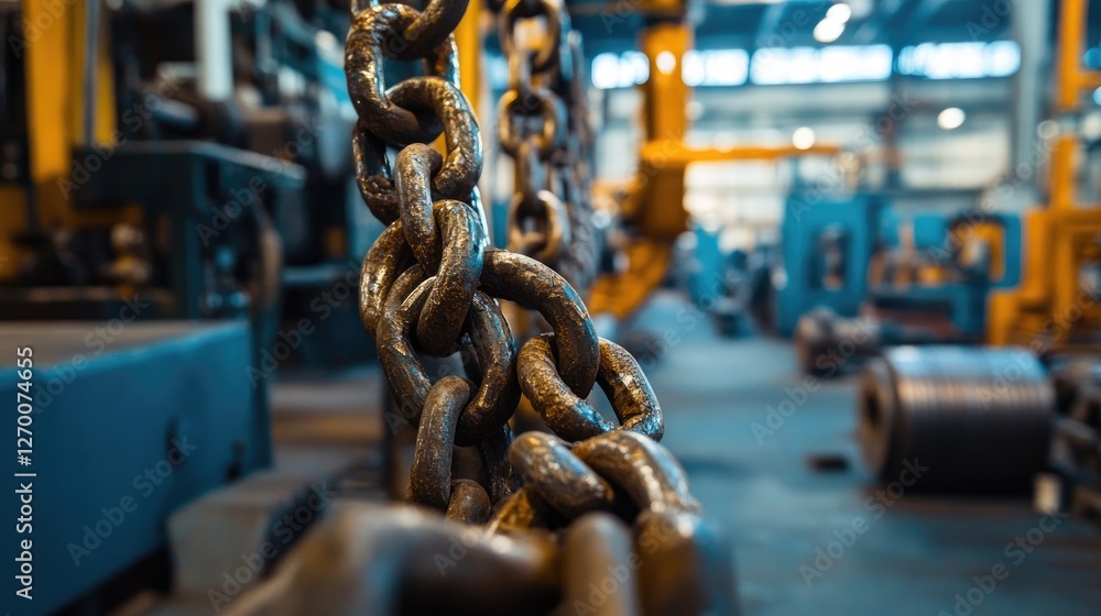 Aufkleber chain links in the foreground, with machinery and tools in a busy industrial workshop, symbolizing t