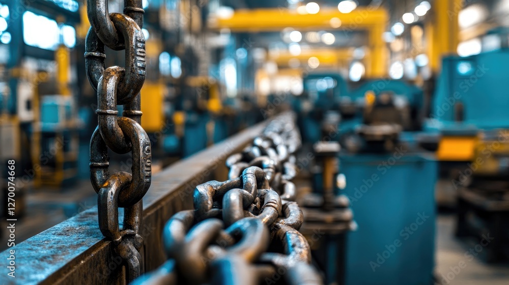 Poster Chain links in the foreground, with machinery and tools in a busy industrial workshop, symbolizing the complexity of the manufacturing process