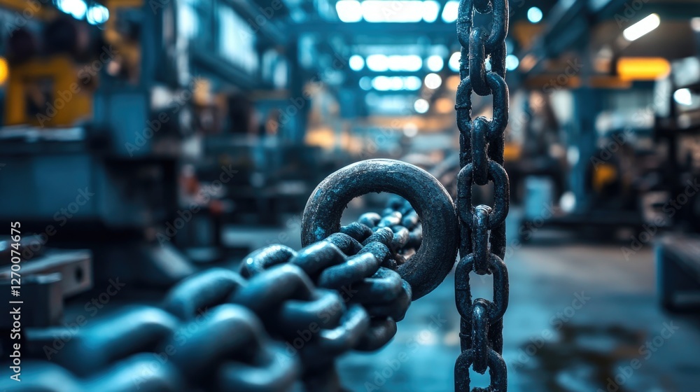 Poster Chain links in the foreground, with machinery and tools in a busy industrial workshop, symbolizing the complexity of the manufacturing process