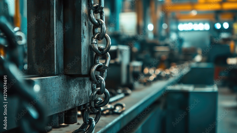 Poster Chain links in the foreground, with machinery and tools in a busy industrial workshop, symbolizing the complexity of the manufacturing process