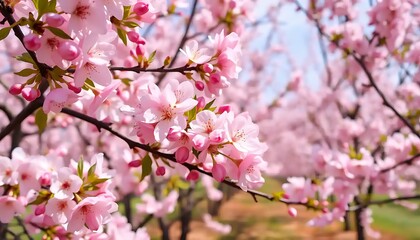 Fototapeta premium Delicate pink cherry blossoms are blooming on tree branches